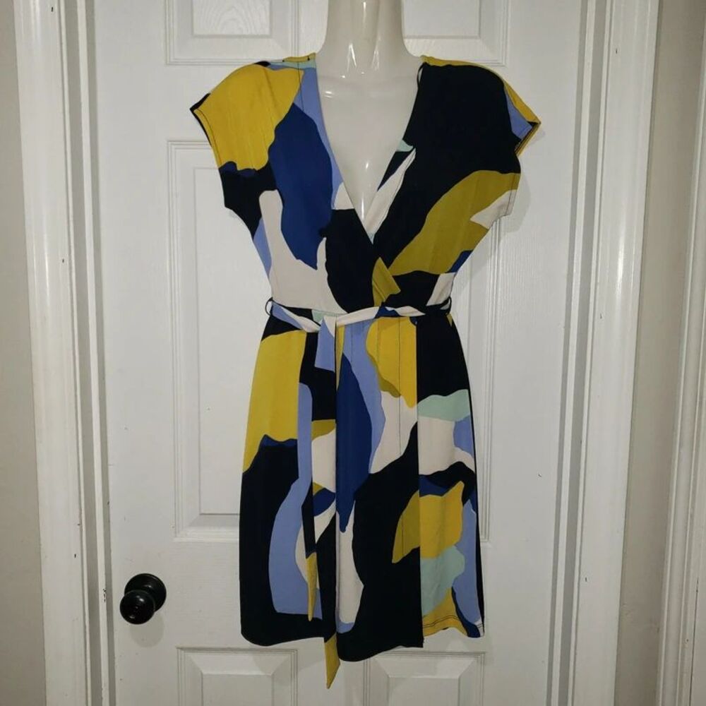 Nine West | Blue & Yellow Abstract Wrap Mini Dress | XSmall